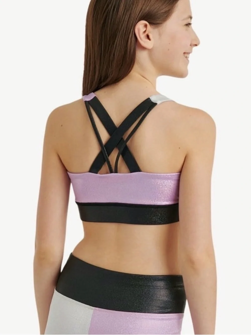 NWT: Justice Stretch Strappy Back Sports Bra for Girls Purple Black Dance Gym